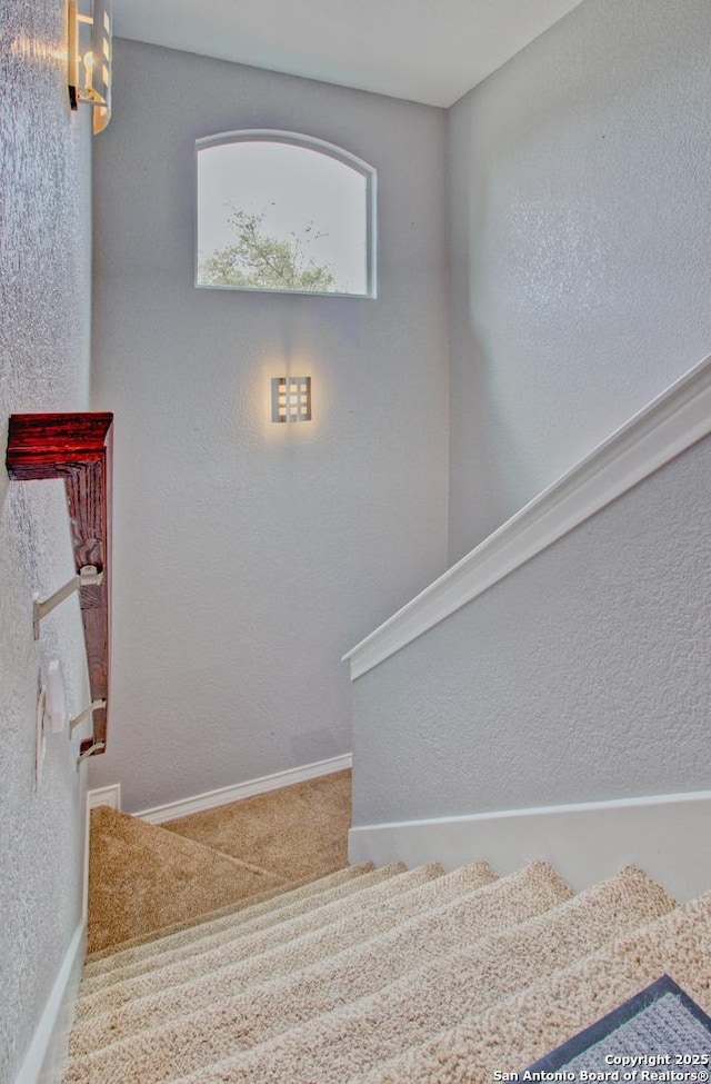 2110 Winding Vw, San Antonio, TX 78260 - stairs with baseboards, a textured wall, and carpet