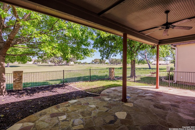 view of patio / terrace featuring a fenced backyard and a ceiling fan