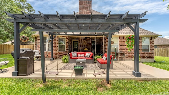 view of patio / terrace with a pergola, an outdoor living space, a grill, and fence