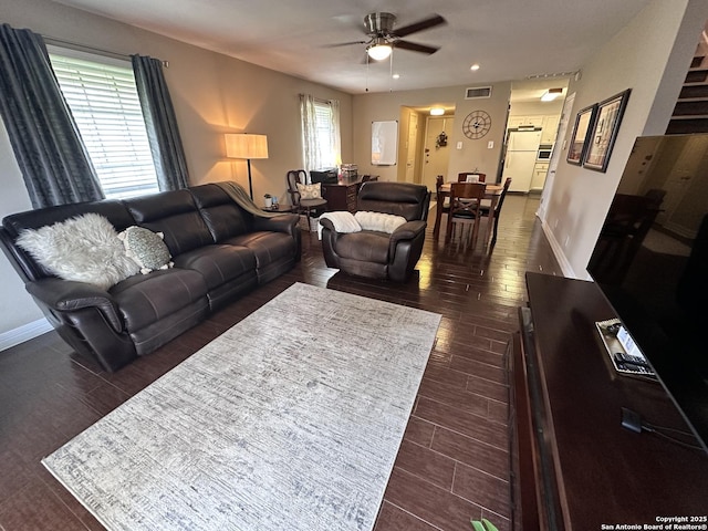 3401 Sugarhill, San Antonio, TX 78230 - living area featuring a ceiling fan, wood finished floors, baseboards, visible vents, and recessed lighting