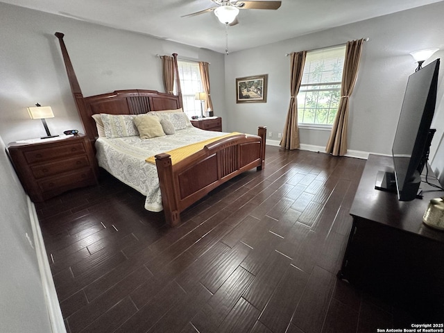 3401 Sugarhill, San Antonio, TX 78230 - bedroom with baseboards, dark wood-style floors, and a ceiling fan