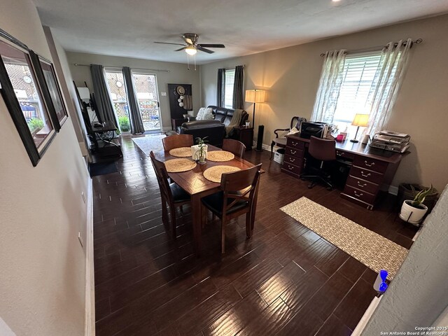 3401 Sugarhill, San Antonio, TX 78230 - dining space featuring baseboards, wood finished floors, and ceiling fan