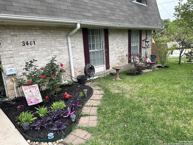 3401 Sugarhill, San Antonio, TX 78230 - entrance to property featuring a shingled roof, brick siding, and a yard