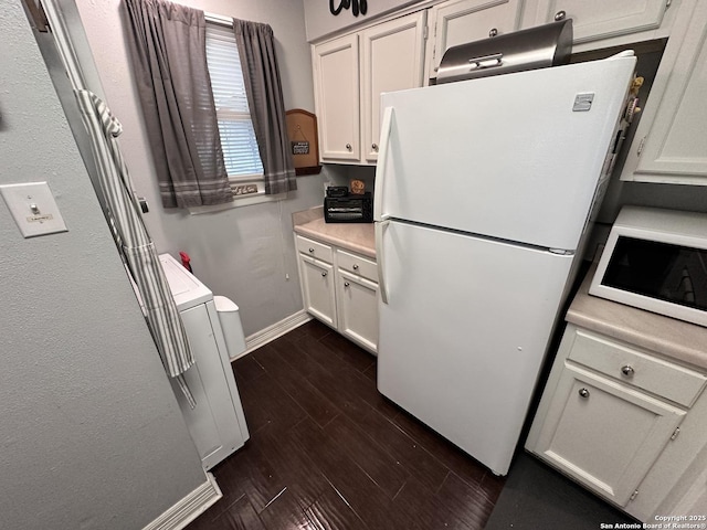 3401 Sugarhill, San Antonio, TX 78230 - kitchen featuring light countertops, white cabinets, white appliances, baseboards, and dark wood finished floors