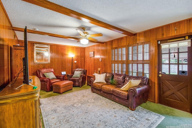3422 William Penn Dr, San Antonio, TX 78230 - living room featuring carpet flooring, a textured ceiling, wooden walls, and beam ceiling