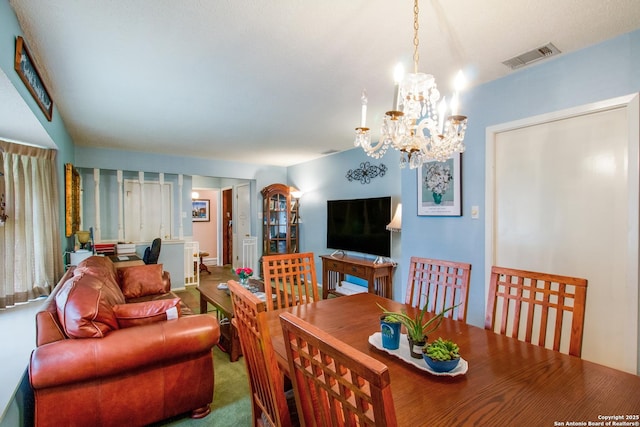 3422 William Penn Dr, San Antonio, TX 78230 - carpeted dining room with visible vents and an inviting chandelier
