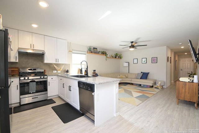 kitchen with under cabinet range hood, a sink, a ceiling fan, a peninsula, and appliances with stainless steel finishes