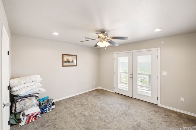 unfurnished room with recessed lighting, french doors, carpet flooring, baseboards, and ceiling fan