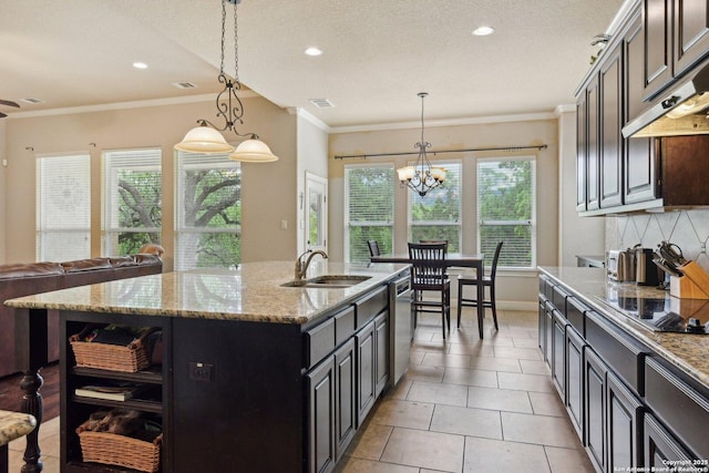 kitchen featuring stainless steel dishwasher, open shelves, under cabinet range hood, black electric cooktop, and a sink