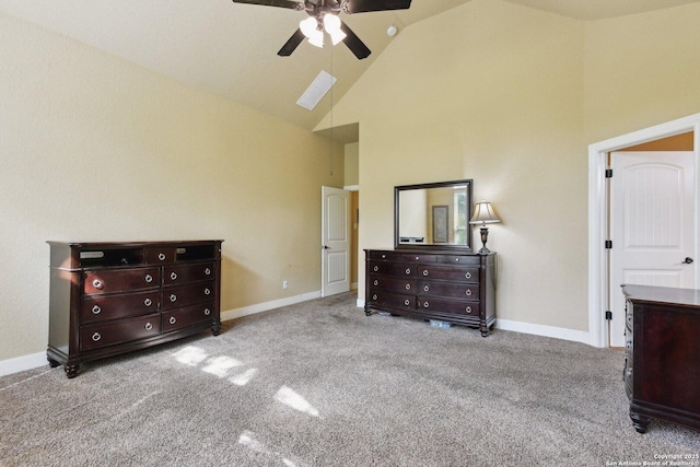 bedroom featuring ceiling fan, baseboards, high vaulted ceiling, and carpet flooring