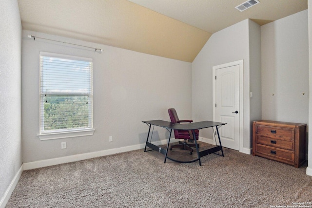 office area with baseboards, visible vents, carpet floors, and vaulted ceiling