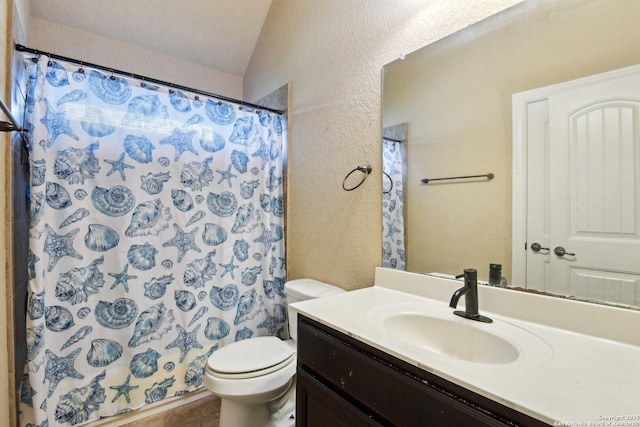 full bath featuring toilet, a textured wall, vanity, and a shower with shower curtain