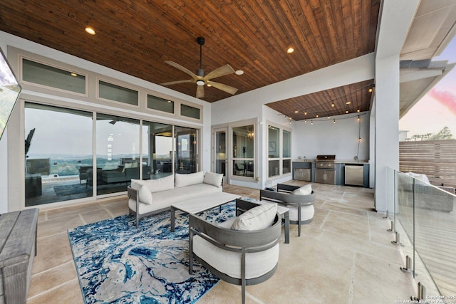 6743 Bella Colina, San Antonio, TX 78256 - view of patio featuring an outdoor hangout area, a grill, ceiling fan, and an outdoor kitchen