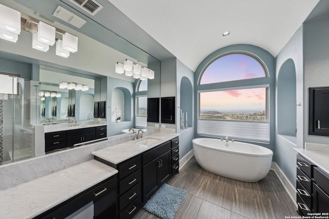 6743 Bella Colina, San Antonio, TX 78256 - bathroom with vanity, baseboards, a shower stall, visible vents, and a freestanding bath