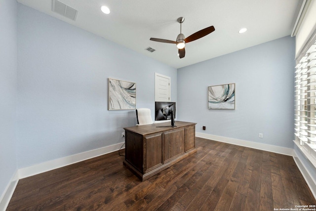 6743 Bella Colina, San Antonio, TX 78256 - office space featuring baseboards, visible vents, dark wood-style flooring, and a ceiling fan