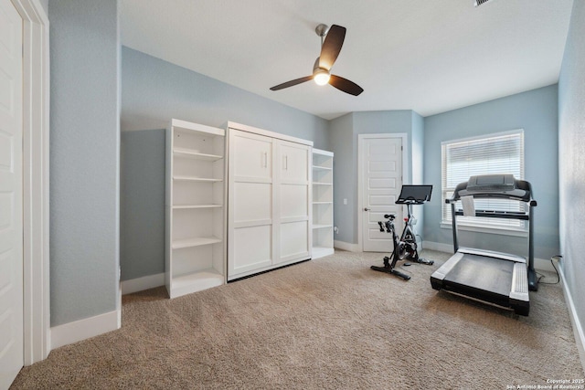 6743 Bella Colina, San Antonio, TX 78256 - exercise area featuring a ceiling fan, carpet floors, and baseboards