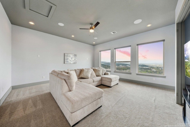 6743 Bella Colina, San Antonio, TX 78256 - carpeted living area with attic access, baseboards, visible vents, ceiling fan, and recessed lighting