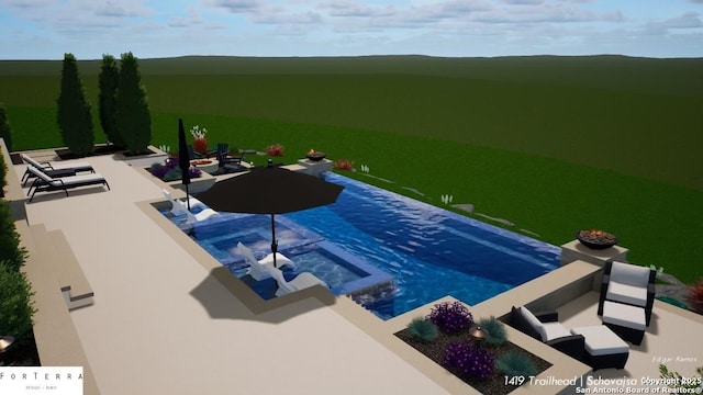 view of swimming pool with an outdoor fire pit, a patio, and a hot tub