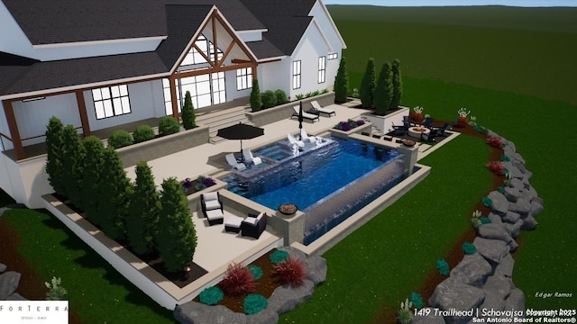 view of swimming pool with an infinity pool and a patio