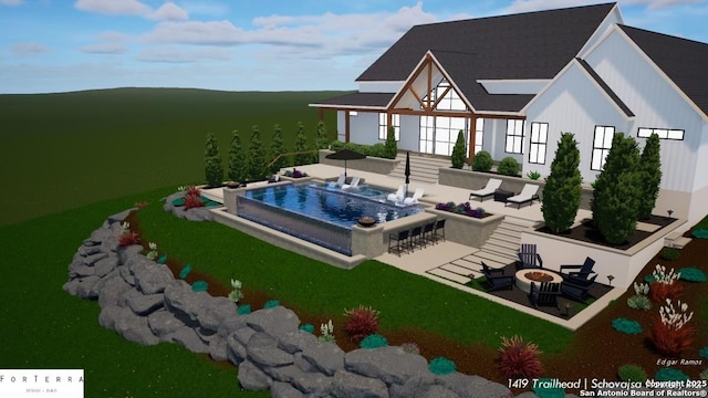 back of property with a patio area, an outdoor fire pit, and an infinity pool