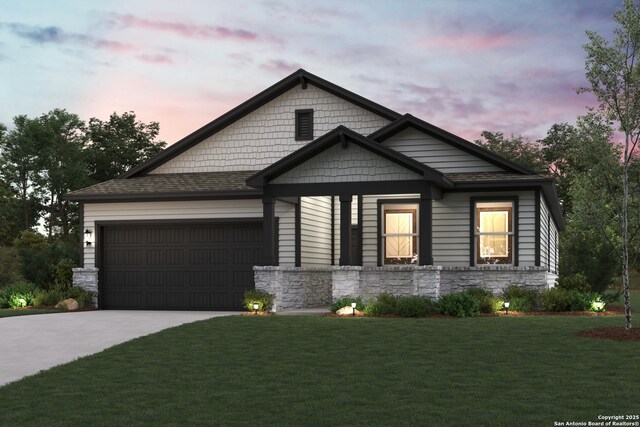 2137 Maestro Dr, Seguin, TX 78155 - craftsman-style home featuring concrete driveway, an attached garage, stone siding, and a yard