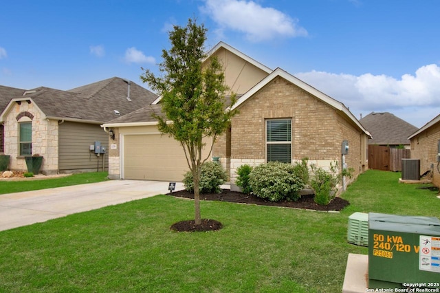 single story home featuring a garage, a front yard, brick siding, driveway, and cooling unit