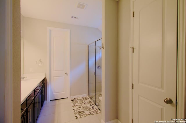 bathroom with vanity, visible vents, and a shower stall