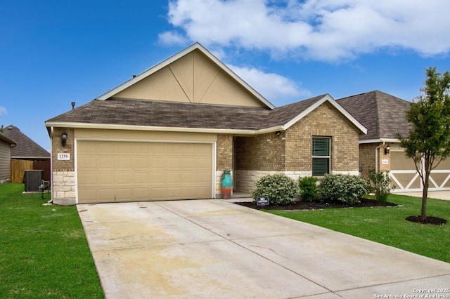 single story home featuring brick siding, a front yard, concrete driveway, and roof with shingles