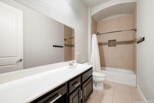 6114 Amber Rose, San Antonio, TX 78253 - bathroom with shower / bath combo, tile patterned floors, baseboards, vanity, and toilet