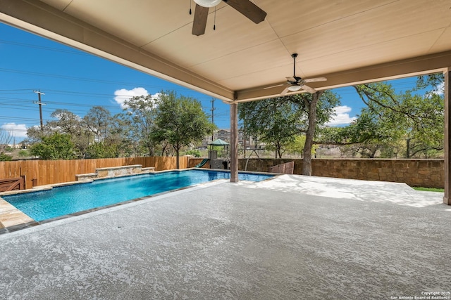6114 Amber Rose, San Antonio, TX 78253 - view of swimming pool featuring a patio, a ceiling fan, and a fenced backyard
