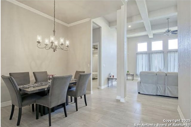dining area with coffered ceiling, wood finished floors, beamed ceiling, baseboards, and ceiling fan with notable chandelier