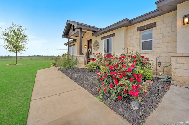 entrance to property with a yard, stucco siding, and stone siding