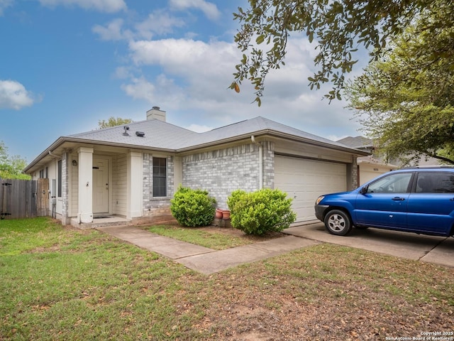 single story home featuring a chimney, fence, an attached garage, brick siding, and a front lawn