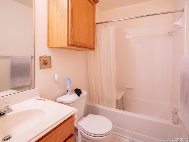 bathroom featuring shower / bathtub combination with curtain, toilet, and vanity