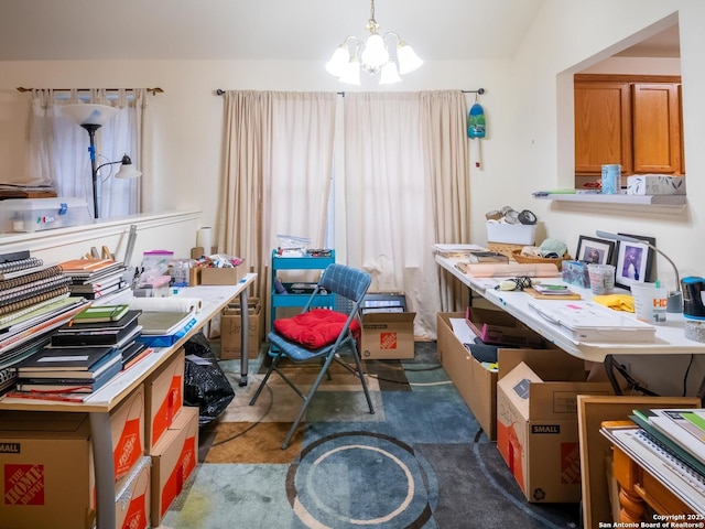 office featuring a chandelier