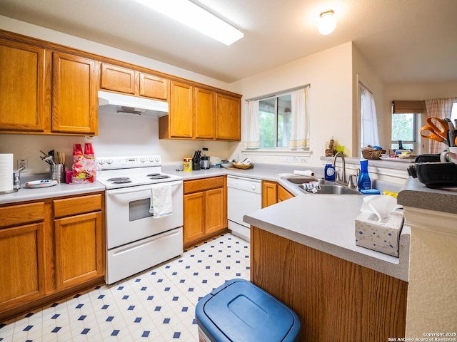 kitchen featuring a sink, light floors, brown cabinets, under cabinet range hood, and white appliances