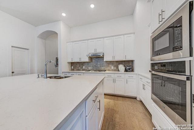kitchen with decorative backsplash, appliances with stainless steel finishes, under cabinet range hood, white cabinetry, and a sink