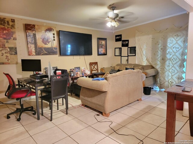 4831 Hemphill Dr, San Antonio, TX 78228 - living room featuring light tile patterned floors, ornamental molding, and ceiling fan