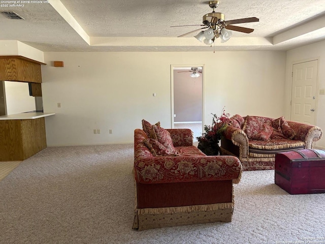 2501 Fischer Store, Wimberley, TX 78676 - living area featuring carpet, a textured ceiling, ceiling fan, and a tray ceiling
