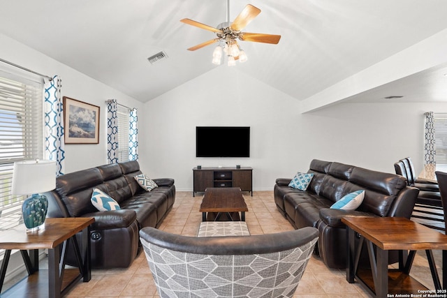 411 W Greenbriar Dr, Granite Shoals, TX 78654 - living room with lofted ceiling, ceiling fan, visible vents, and light tile patterned floors