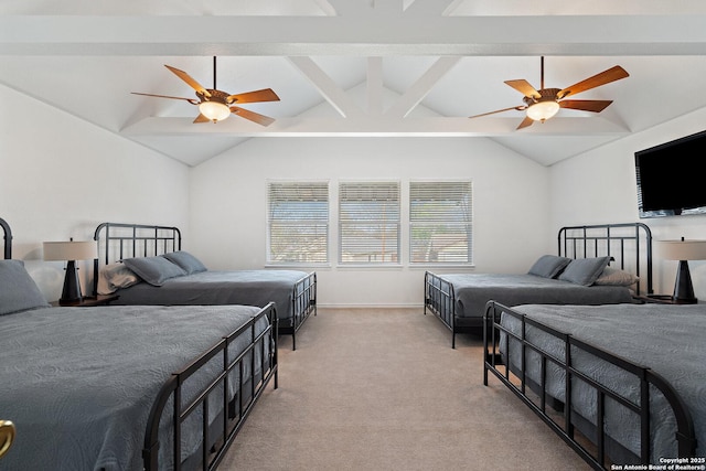 411 W Greenbriar Dr, Granite Shoals, TX 78654 - bedroom featuring vaulted ceiling with beams, a ceiling fan, and light carpet