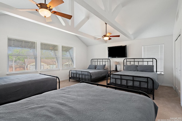 411 W Greenbriar Dr, Granite Shoals, TX 78654 - bedroom featuring carpet floors, high vaulted ceiling, baseboards, and ceiling fan