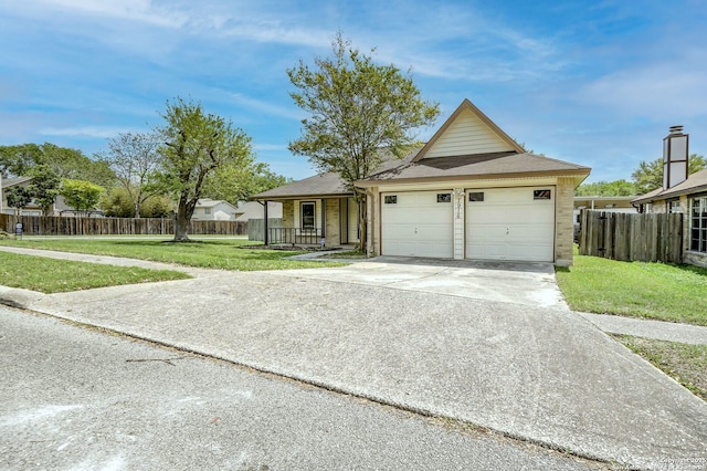 ranch-style house with fence, an attached garage, concrete driveway, a front yard, and covered porch