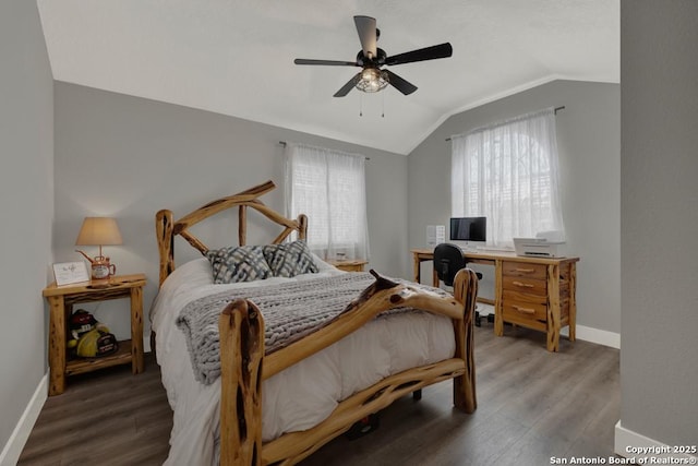 5038 Fawn Lake Dr, San Antonio, TX 78244 - bedroom with baseboards, lofted ceiling, ceiling fan, and wood finished floors