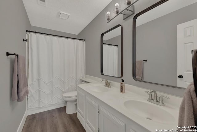5038 Fawn Lake Dr, San Antonio, TX 78244 - bathroom with double vanity, toilet, wood finished floors, and a sink