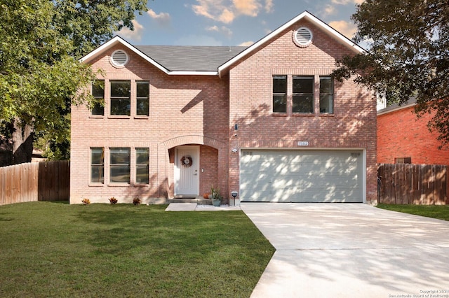 7102 Valley Trl, San Antonio, TX 78250 - traditional home featuring concrete driveway, fence, an attached garage, a front lawn, and brick siding