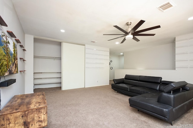 7102 Valley Trl, San Antonio, TX 78250 - living area with visible vents, carpet floors, recessed lighting, and a ceiling fan