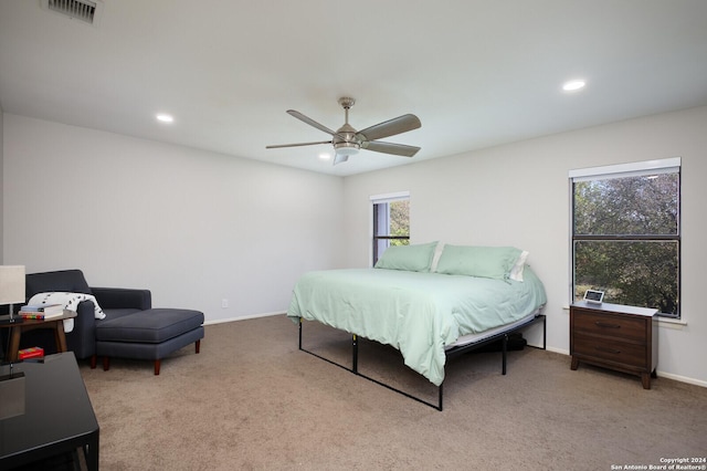 7102 Valley Trl, San Antonio, TX 78250 - carpeted bedroom with baseboards, ceiling fan, visible vents, and recessed lighting
