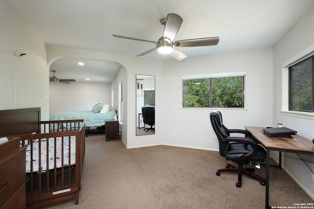 7102 Valley Trl, San Antonio, TX 78250 - bedroom featuring multiple windows, arched walkways, baseboards, and carpet flooring
