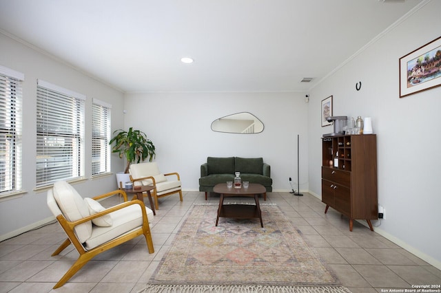 7102 Valley Trl, San Antonio, TX 78250 - living area with light tile patterned flooring, baseboards, visible vents, and crown molding